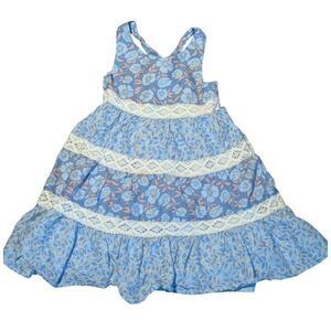 Joie Girl Blue Floral Tiered Lace Trim Sundress Size 6 Boho Summer Dress